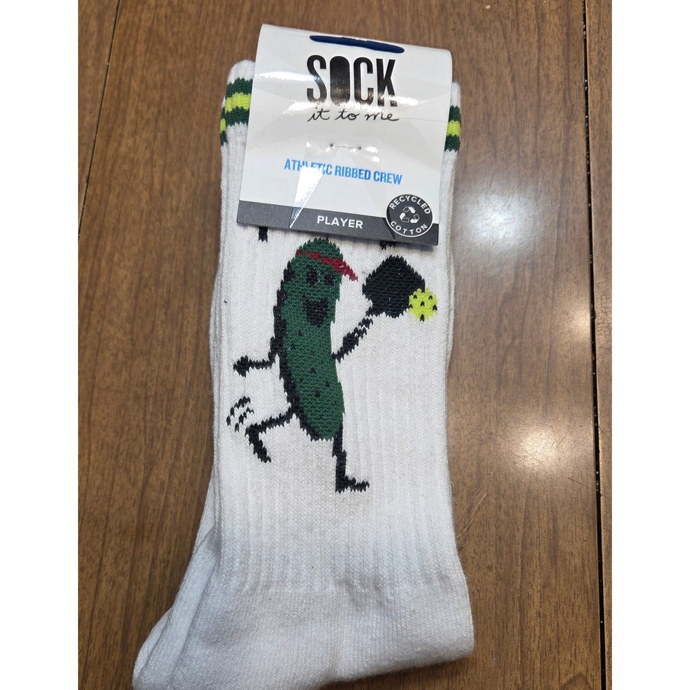 Sock It To Me Pickle Player Athletic Ribbed Crew Socks White Recycled Cotton